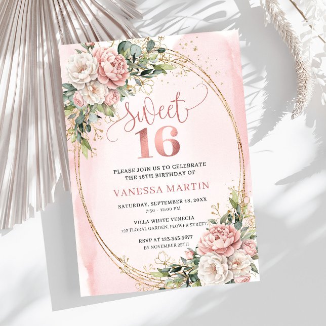 Invitation Rose Gold Floral Romantique Fête des Seize Ans  (Romantic Rose Gold Floral Greenery Sweet Sixteen Invitation

)