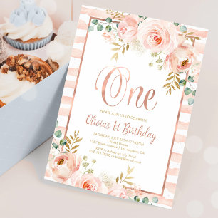 Invitation Rose Gold Floral Rose Fushia Première Fête d'Anniv