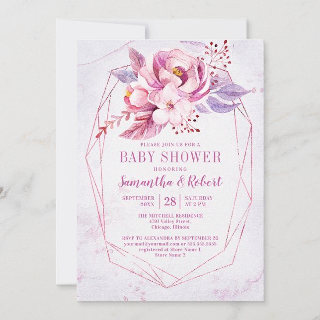 Invitation Rose Gold Floral rose violet  bébé Baby shower fil (Devant)