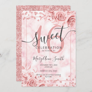 Invitation Rose Gold Floral Sweet 16 Anniversaire Marbre Part