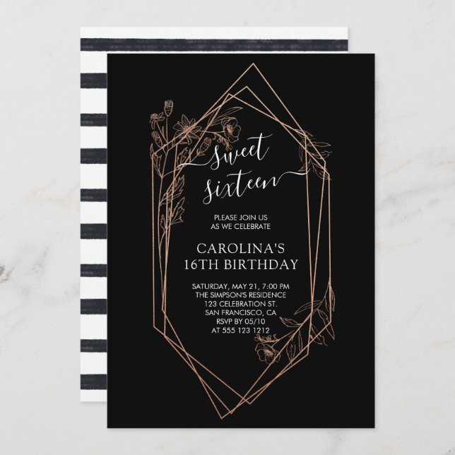 Invitation Rose Gold Floral Sweet sixteen 16e anniversaire (Devant / Derrière)