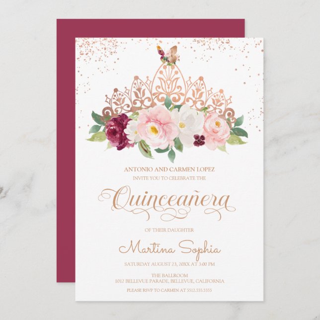 Invitation Rose Gold Floral Tiara & Butterfly Quinceanera (Devant / Derrière)