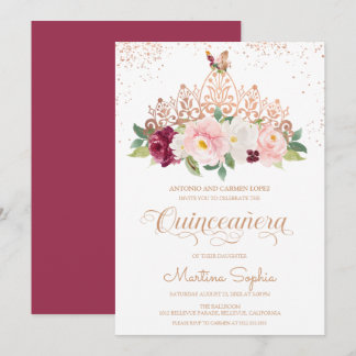 Invitation Rose Gold Floral Tiara & Butterfly Quinceanera