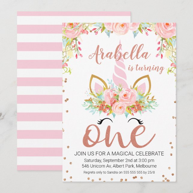 Invitation Rose Gold Floral Unicorn 1er Anniversaire Invitati (Devant / Derrière)
