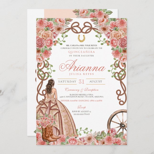 Invitation Rose Gold Floral Western Élégant Quinceanera (Devant / Derrière)
