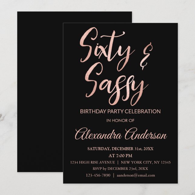Invitation Rose Gold Foil 60 Soixante et Sassy Anniversaire (Devant / Derrière)