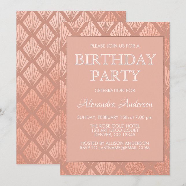 Invitation Rose Gold Foil Art Déco fête d'anniversaire (Devant / Derrière)