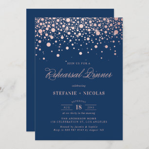 Invitation Rose Gold Foil Confetti Marine Blue Rehearer Dîner