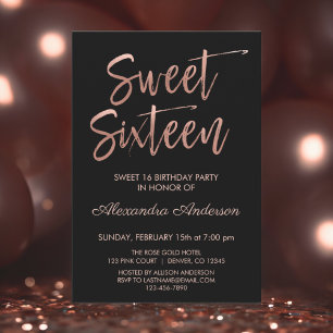 Invitation Rose Gold Foil et Sweet sixteen noir Anniversaire