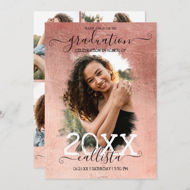 Invitation Rose Gold Foil Halo Photo Collage Graduation (Devant / Derrière)