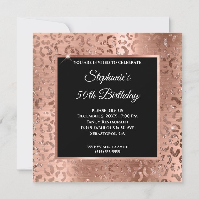 Invitation Rose Gold Foil Leopard Black Overlay 50e anniversa (Devant)