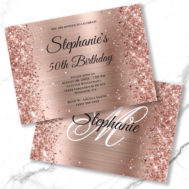 Invitation Rose Gold Foil Parties scintillant Fancy Monogramm (Créateur téléchargé)