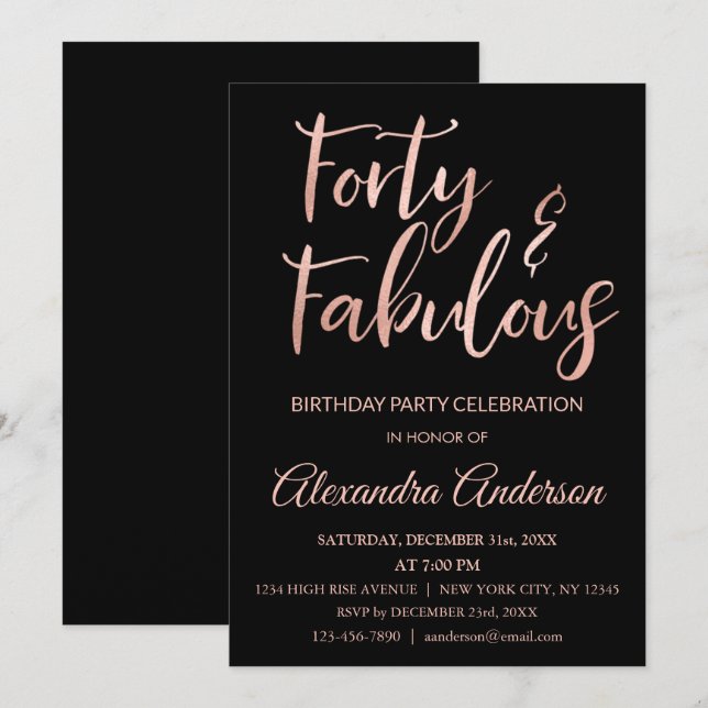Invitation Rose Gold Foil quarante et fabuleux anniversaire (Devant / Derrière)