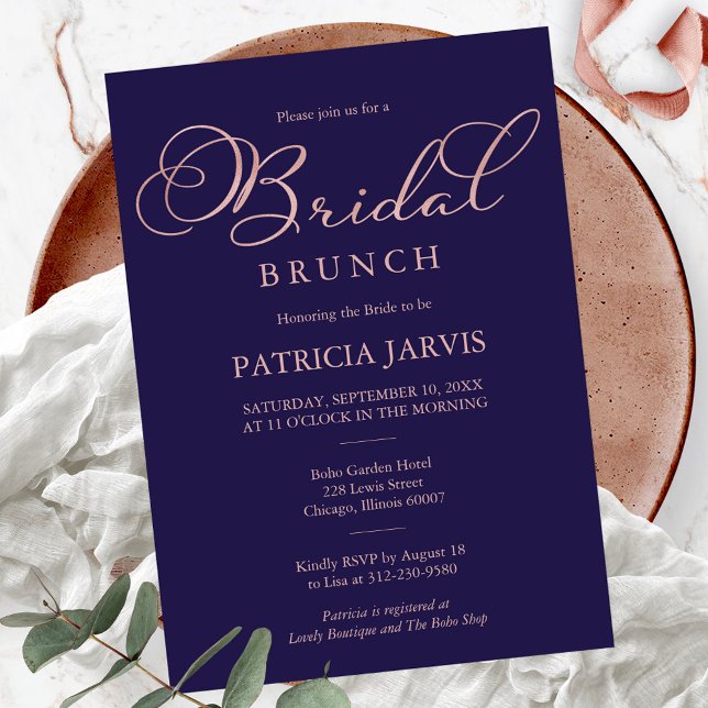 Invitation Rose Gold Foil Script Mariage Naval Bleu Petit Déj (Créateur téléchargé)