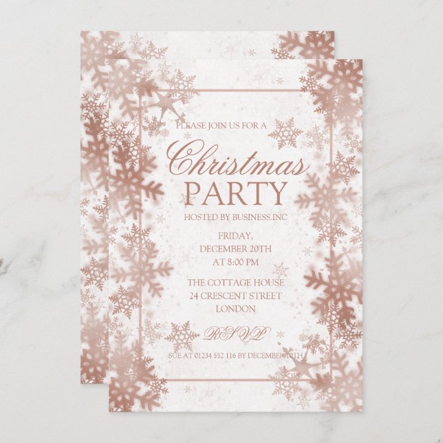 Invitation Rose Gold Foil Snowflakes Noël (Devant / Derrière)