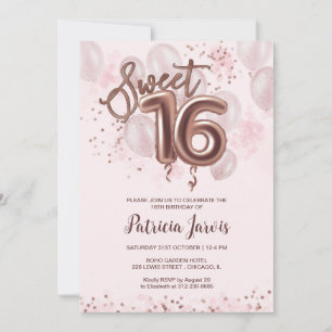 Invitation Rose Gold Foil Sweet 16 Anniversaire Ballons Rose