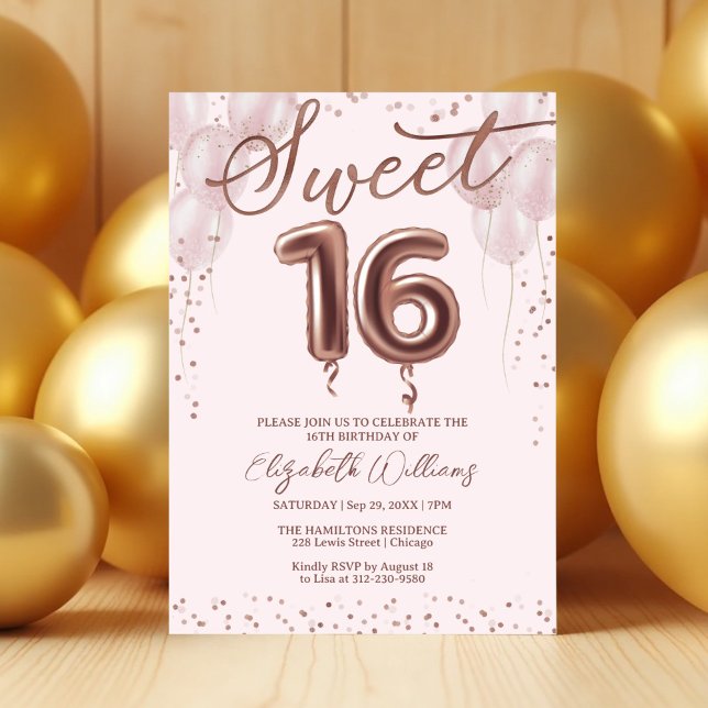 Invitation Rose Gold Foil Sweet 16 Ballons d'anniversaire ros (Créateur téléchargé)
