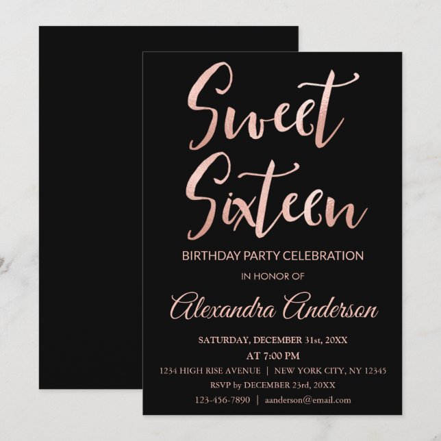Invitation Rose Gold Foil Sweet 16 Seize Anniversaire (Devant / Derrière)