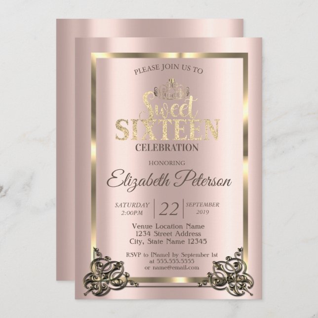Invitation Rose Gold Frame, Bordure, Tiara Sweet 16 Party Inv (Devant / Derrière)