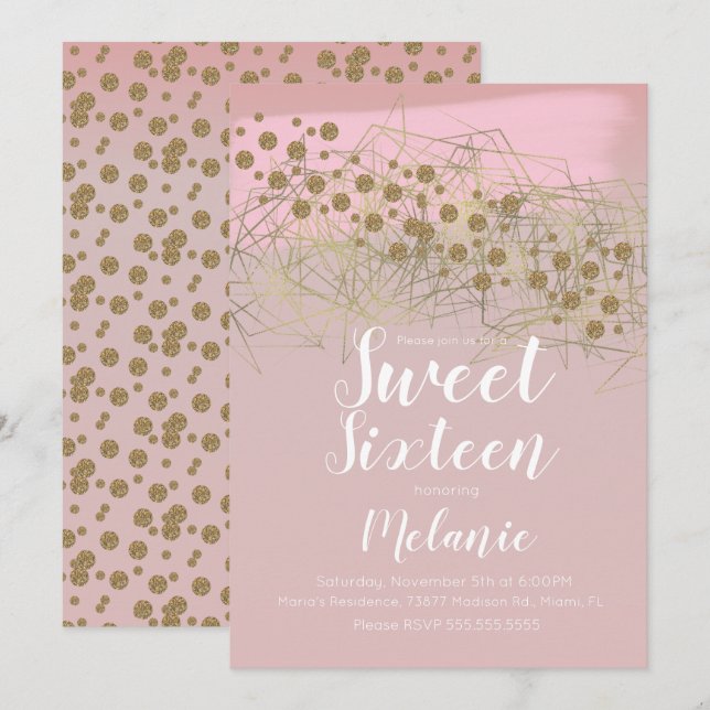 Invitation Rose Gold Géométrique Moderne Douce 16 Blush (Devant / Derrière)