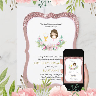 Invitation Rose Gold Girls Floral First Holy Communion