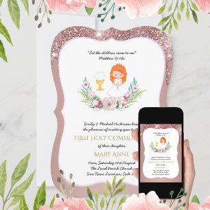 Invitation Rose Gold Girls Floral First Holy Communion