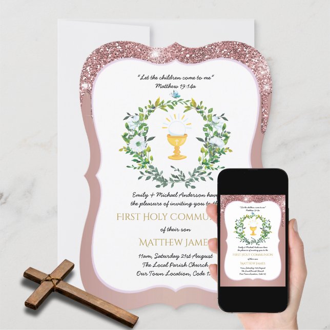 Invitation Rose Gold Girls Floral First Holy Communion (Créateur téléchargé)