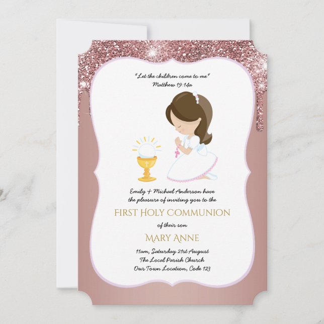 Invitation Rose Gold Girls Floral First Holy Communion Invita (Devant)