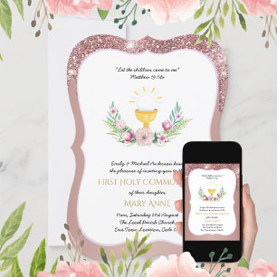 Invitation Rose Gold Girls Floral First Holy Communion Invita