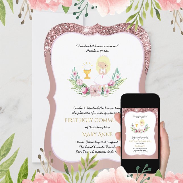 Invitation Rose Gold Girls Floral First Holy Communion Invita (Créateur téléchargé)