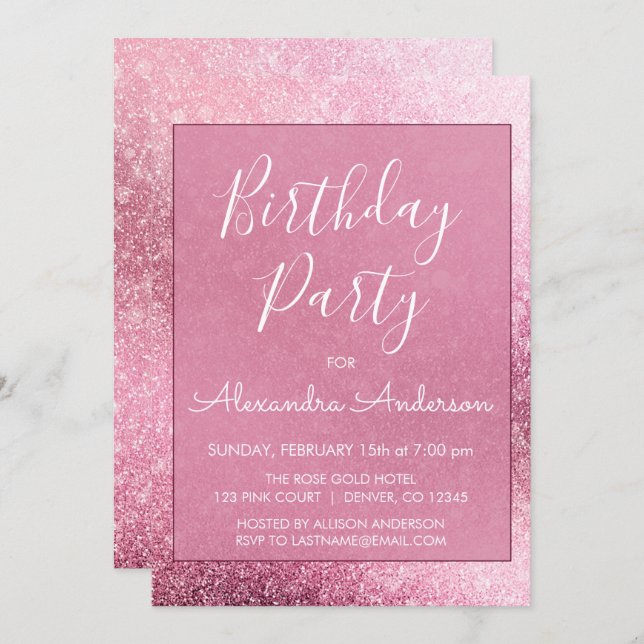 Invitation Rose Gold Girly Parties scintillant Étincelle N'im (Devant / Derrière)