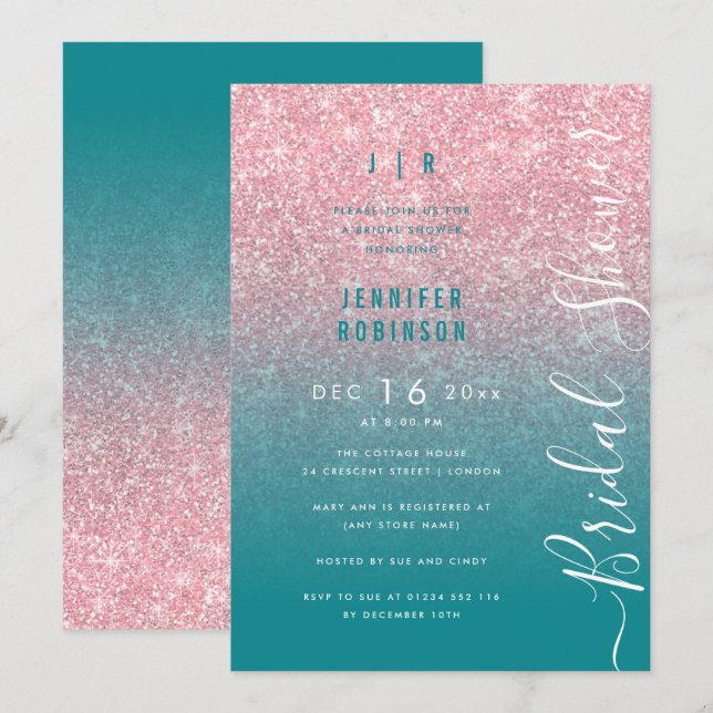 Invitation Rose Gold Glam Glitter Script Fête de Mariage Teal (Devant / Derrière)
