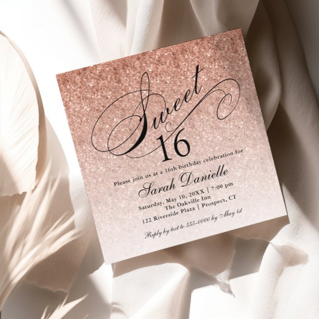 Invitation Rose Gold Glam Parties scintillant Sweet 16 Carré  (Créateur téléchargé)