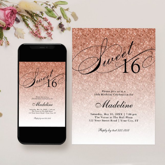 Invitation Rose Gold Glam Parties scintillant Sweet 16 Invita (Créateur téléchargé)