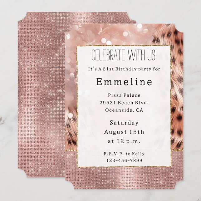 Invitation Rose Gold Glam Sparkle Cheetah (Devant / Derrière)