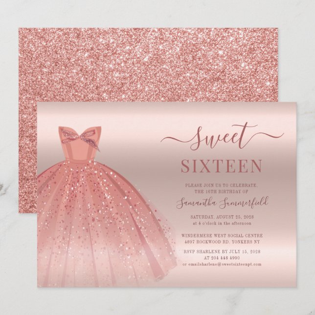 Invitation Rose Gold Glam Sweet 16 Anniversaire Script (Devant / Derrière)