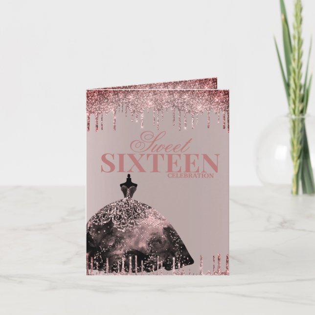 Invitation Rose Gold Glamour Pailleté Anniversaire 16 Ans Suc (Devant)
