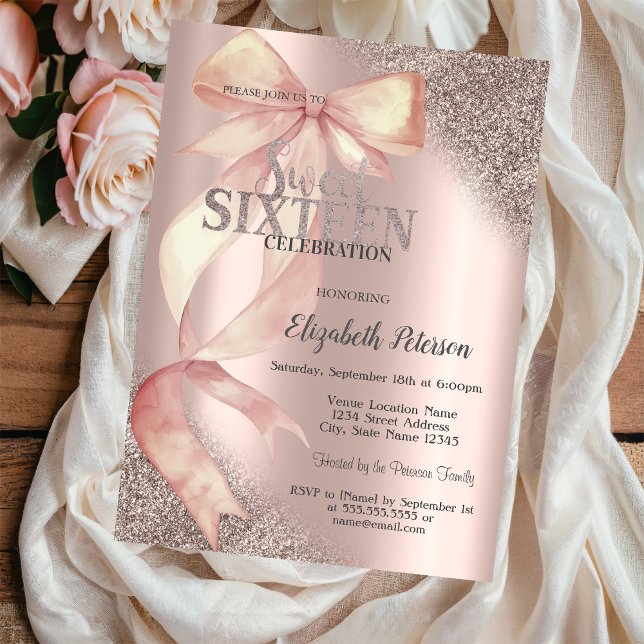 Invitation Rose Gold Glitter Arc Chic Rose Douce 16 Ans Rose  (Créateur téléchargé)