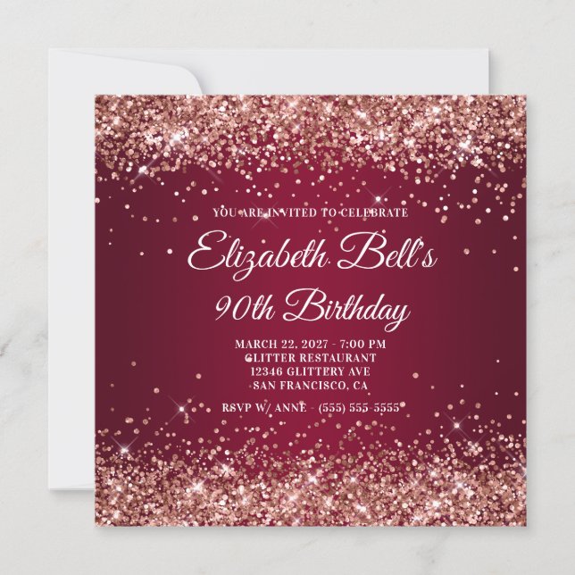 Invitation Rose Gold Glitter Burgundy Ombre 90th Birthday (Devant)