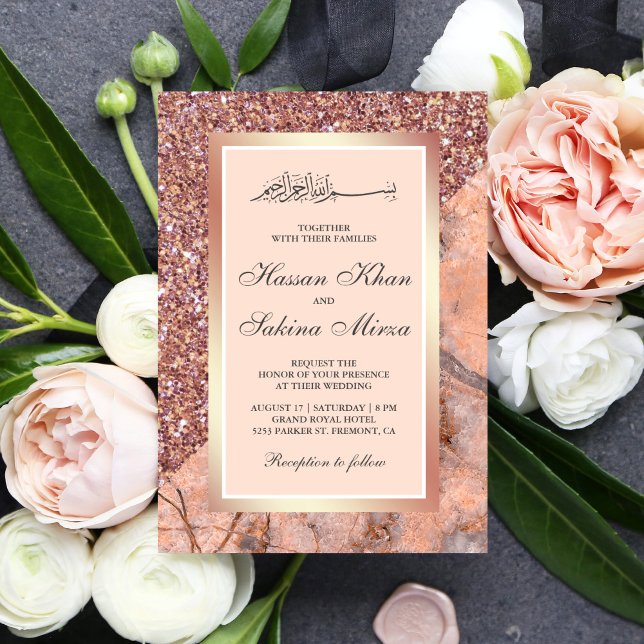Invitation Rose Gold Glitter Corail Rose Mariage Musulman (Créateur téléchargé)