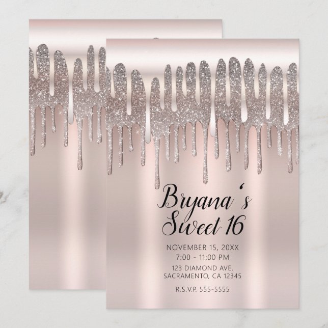 Invitation Rose Gold Glitter Diamant Goutte Rose Glacé Douce  (Devant / Derrière)