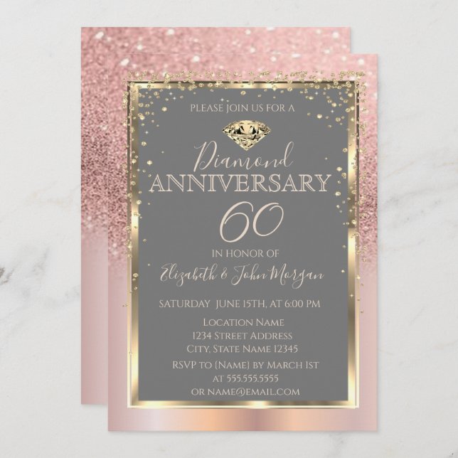 Invitation Rose Gold Glitter Diamants Mariage Anniversaire (Devant / Derrière)