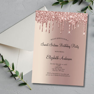 Invitation Rose Gold Glitter Drip Glam Douze Ans Anniversaire