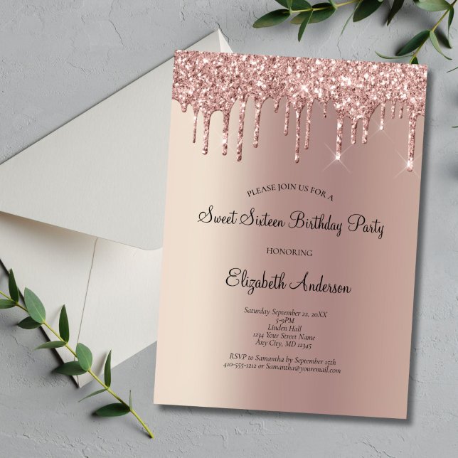 Invitation Rose Gold Glitter Drip Glam Douze Ans Anniversaire (Rose Gold Dripping Glitter Glam Bling Sweet 16 Birthday Party Invitation. Printed or Digital)