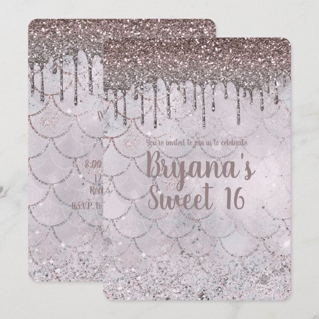 Invitation Rose Gold Glitter Drip Sirène Rose Glacé Douce 16 (Devant / Derrière)