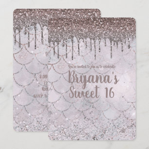 Invitation Rose Gold Glitter Drip Sirène Rose Glacé Douce 16