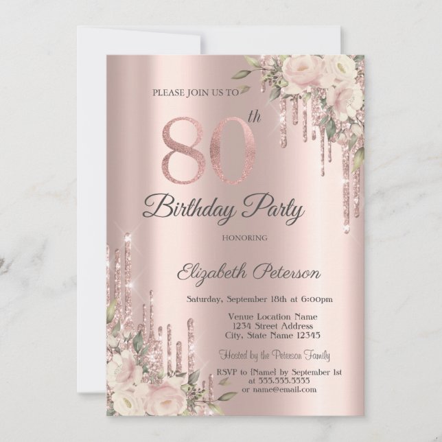 Invitation Rose Gold Glitter Drips Boho Roses 80e Anniversair (Devant)