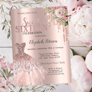 Invitation Rose Gold Glitter Drips, Fleurs de Robe Douce 16