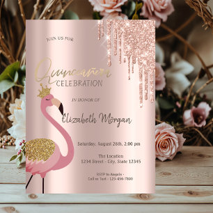 Invitation Rose Gold Glitter Drips Pink Flamingo Quinceañera