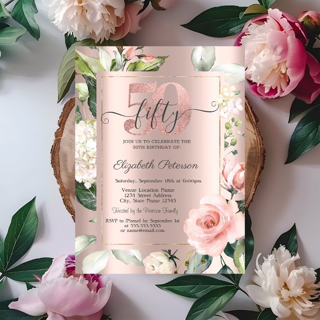 Invitation Rose Gold Glitter Drips Roses 50e Anniversaire  (Créateur téléchargé)